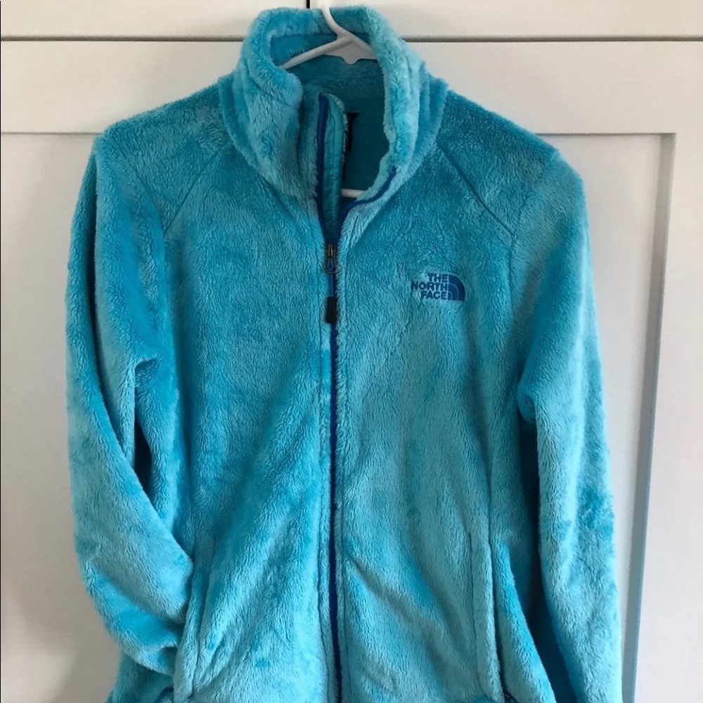 Baby blue fleece north face jacket